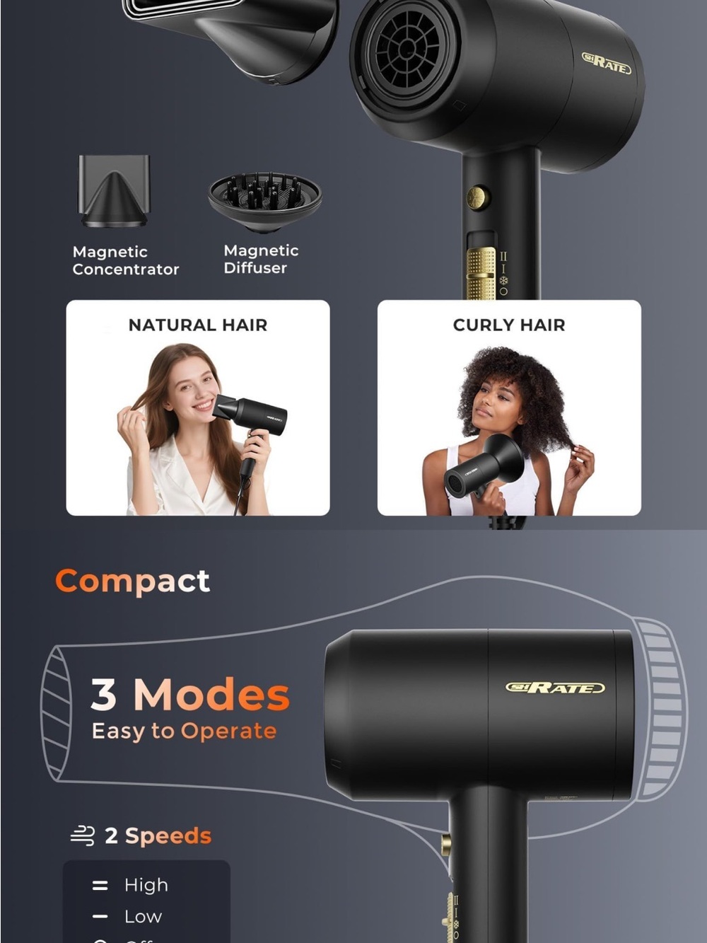 Premium Black Compact Hair Dryer with Attachments - Lightweight Travel Styling - Picture 3 of 7